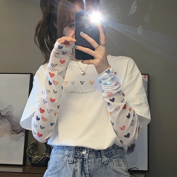 Shirt tshirt heart white top women’s cute long sl - Picture 7 of 8